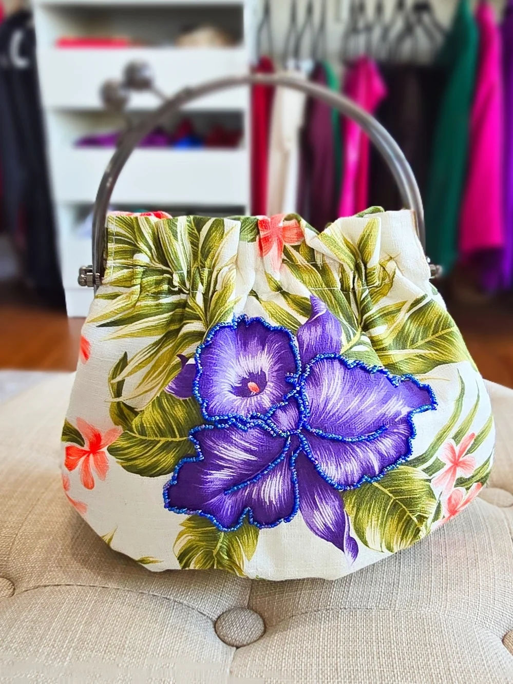 White Floral Tote Bag with Purple Flower Print